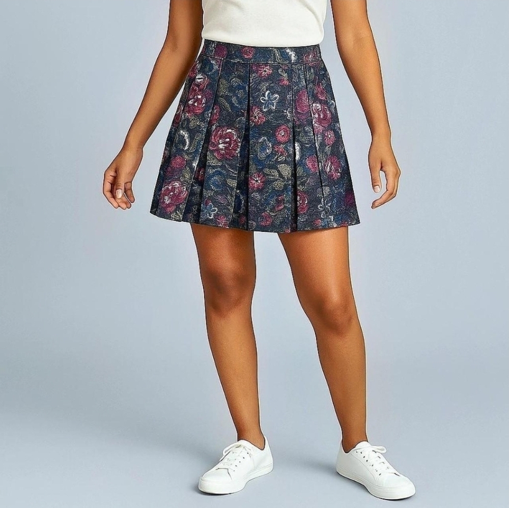 LOFT Outlet Floral Pleated Mini Skirt Women's Size 4 Navy Gold Shimmer